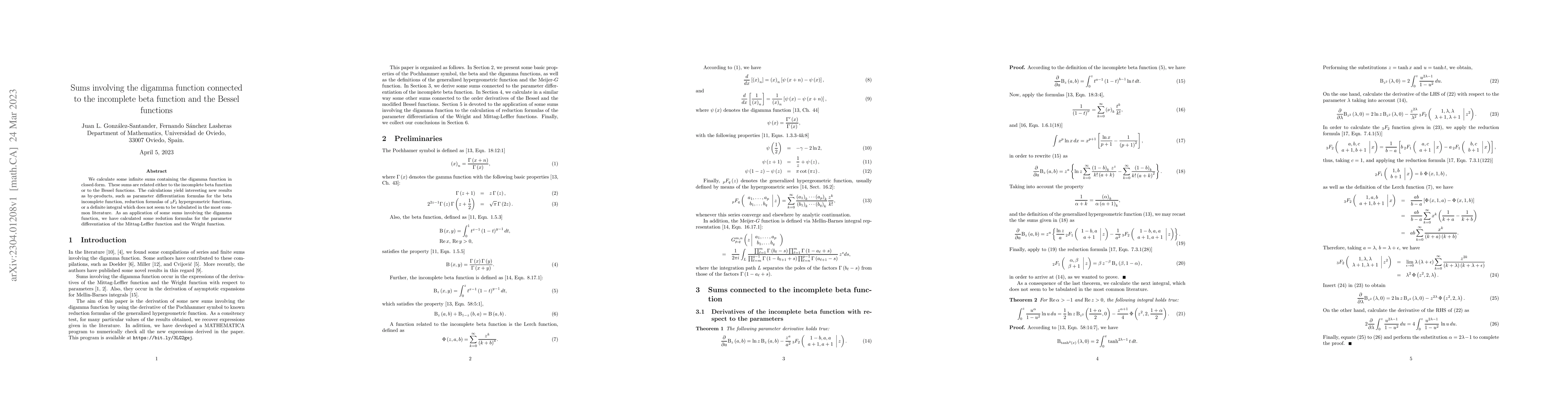Thumbnail for Sums involving the digamma function connected to the incomplete beta
  function and the Bessel functions