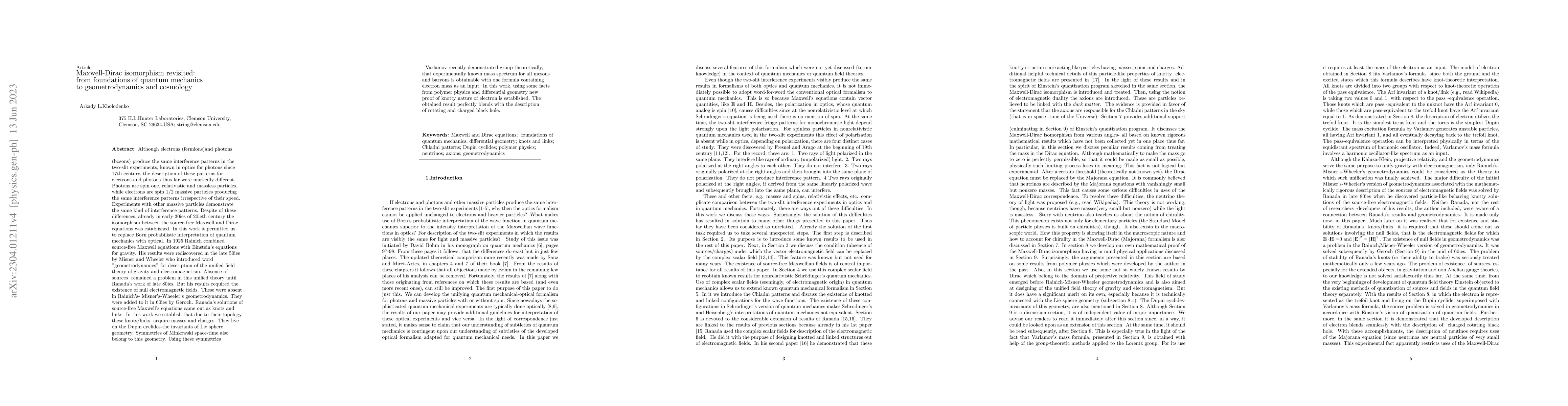 Thumbnail for Maxwell-Dirac isomorphism revisited: from foundations of quantum
  mechanics to geometrodynamics and cosmology