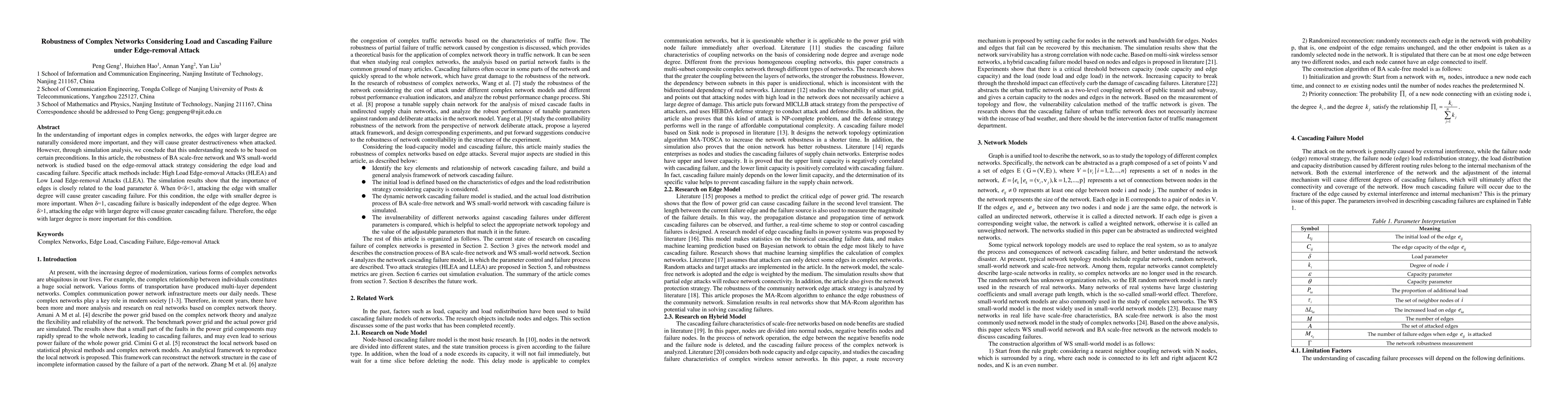 Thumbnail for Robustness of Complex Networks Considering Load and Cascading Failure
  under Edge-removal Attack