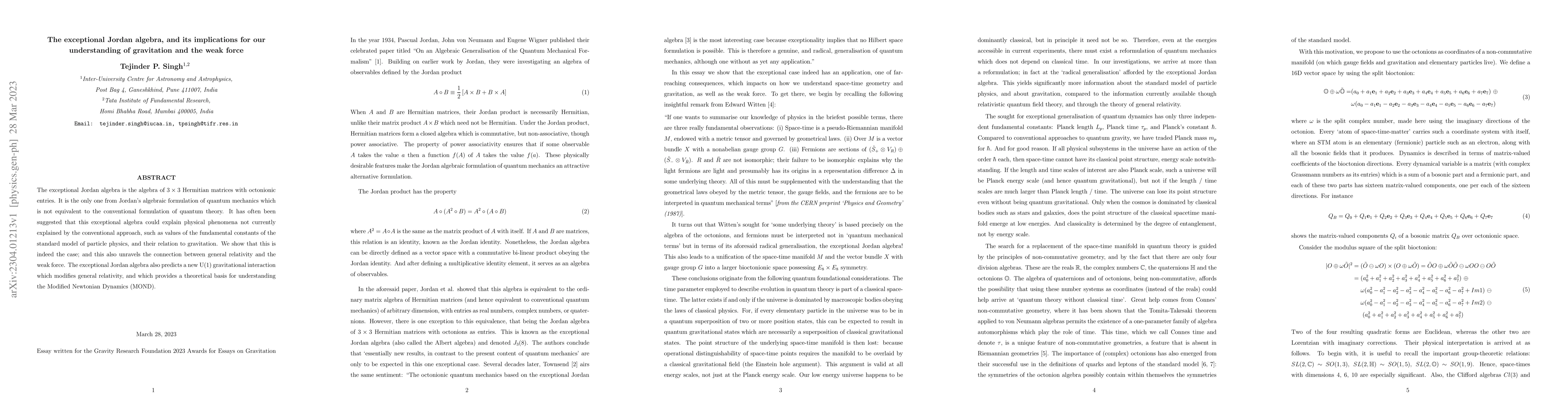 Thumbnail for The exceptional Jordan algebra, and its implications for our
  understanding of gravitation and the weak force