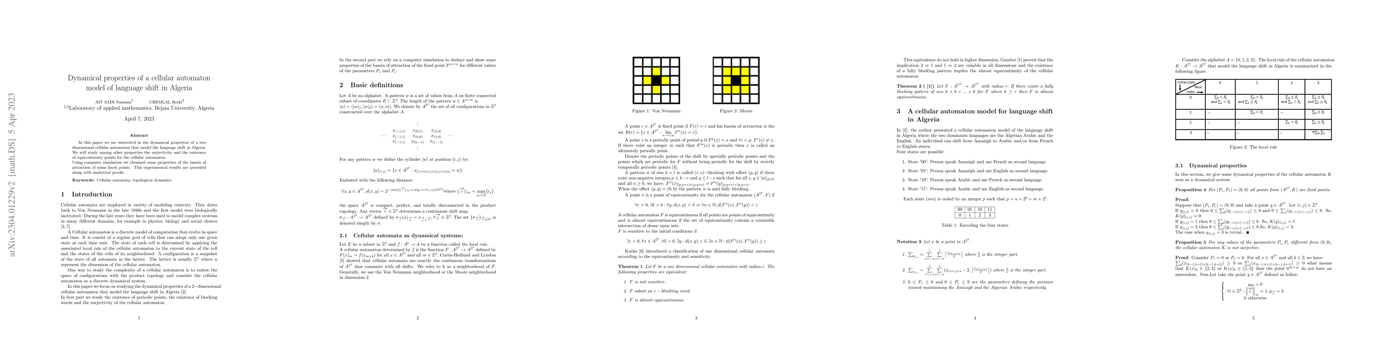 Thumbnail for Dynamical Properties of A Cellular Automaton Model of Language Shift in
  Algeria