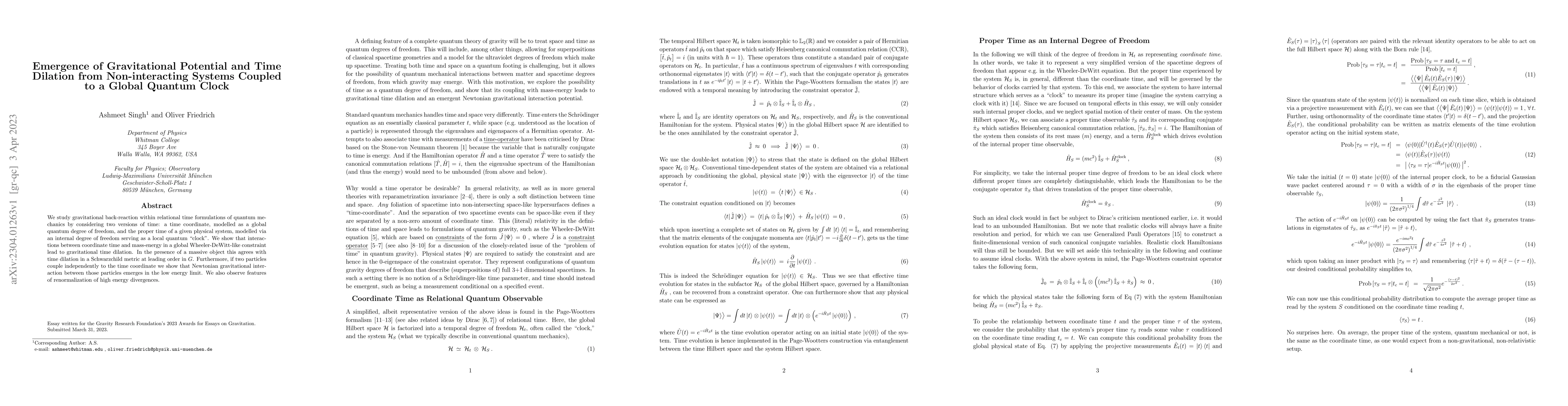 Thumbnail for Emergence of Gravitational Potential and Time Dilation from
  Non-interacting Systems Coupled to a Global Quantum Clock
