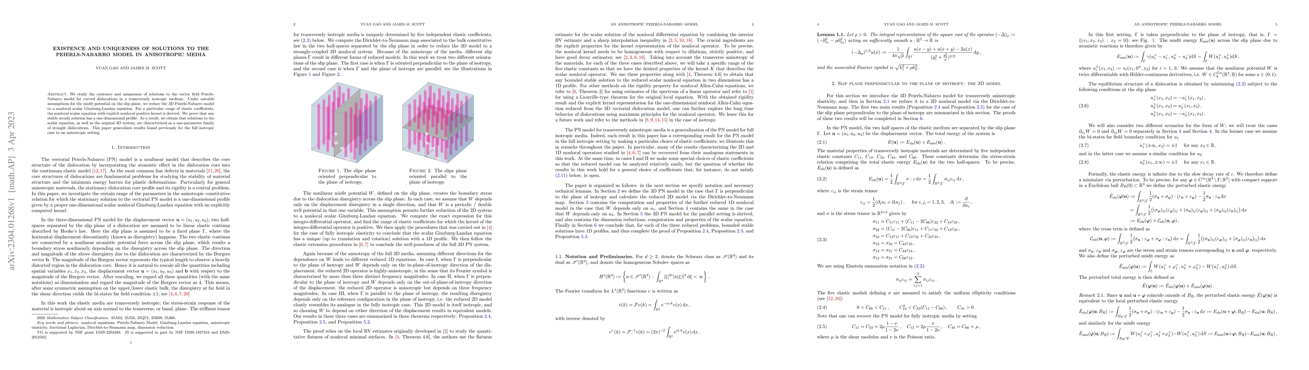 Thumbnail for Existence and uniqueness of solutions to the Peierls-Nabarro model in
  anisotropic media
