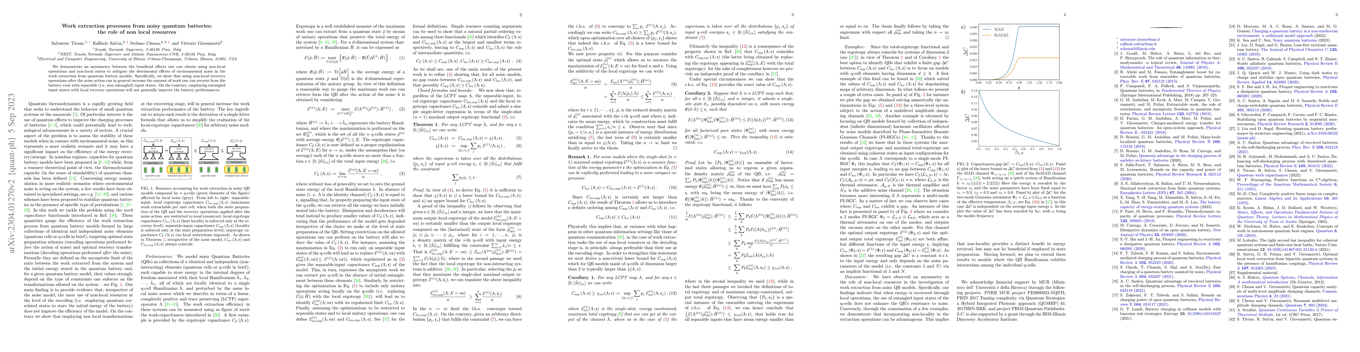 Thumbnail for Work extraction processes from noisy quantum batteries: the role of non
  local resources