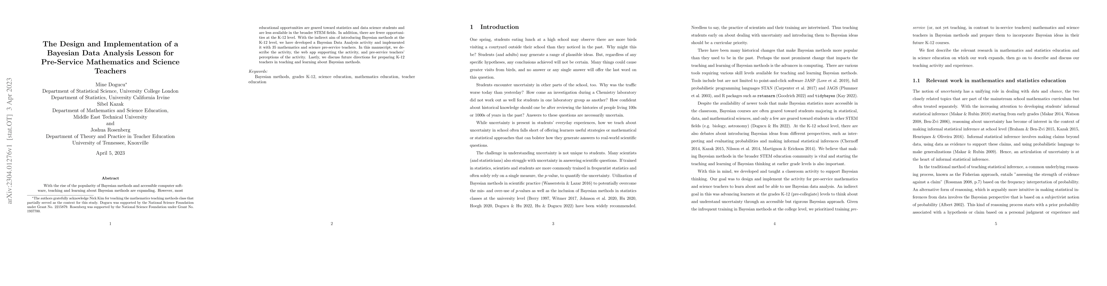 Thumbnail for The Design and Implementation of a Bayesian Data Analysis Lesson for
  Pre-Service Mathematics and Science Teachers