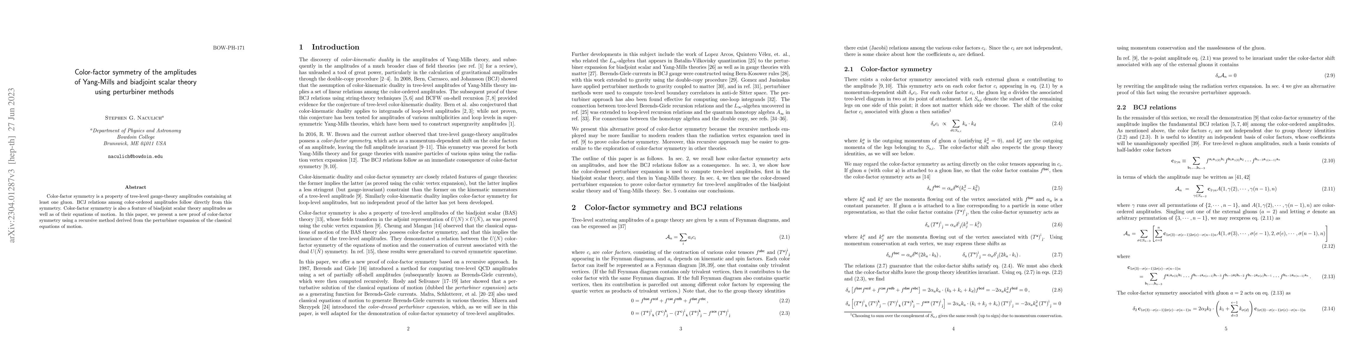 Thumbnail for Color-factor symmetry of the amplitudes of Yang-Mills and biadjoint
  scalar theory using perturbiner methods
