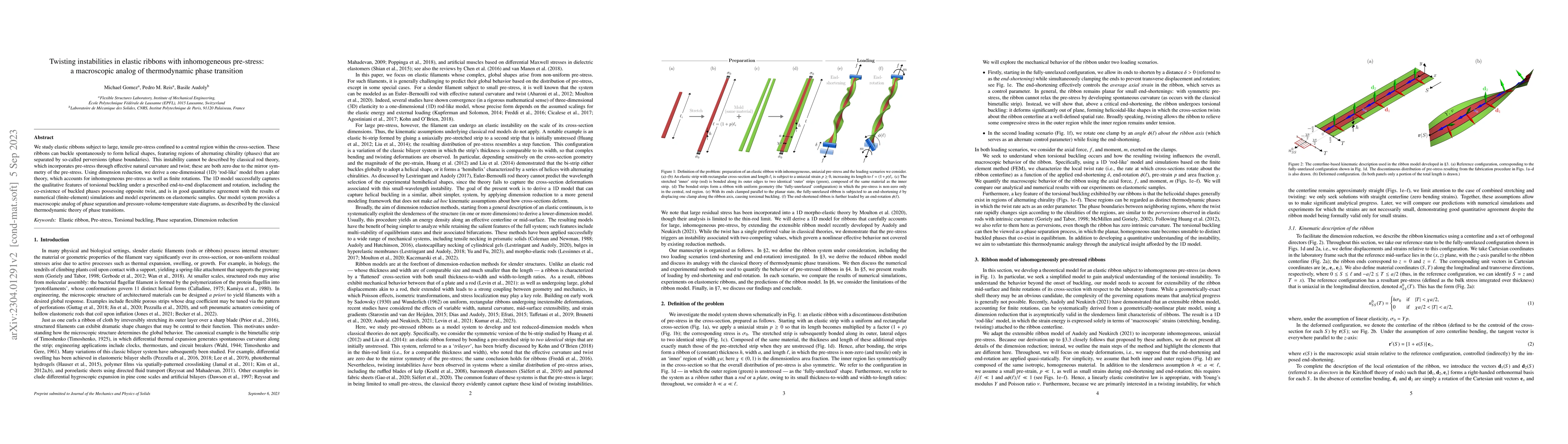 Thumbnail for Twisting instabilities in elastic ribbons with inhomogeneous pre-stress:
  a macroscopic analog of thermodynamic phase transition