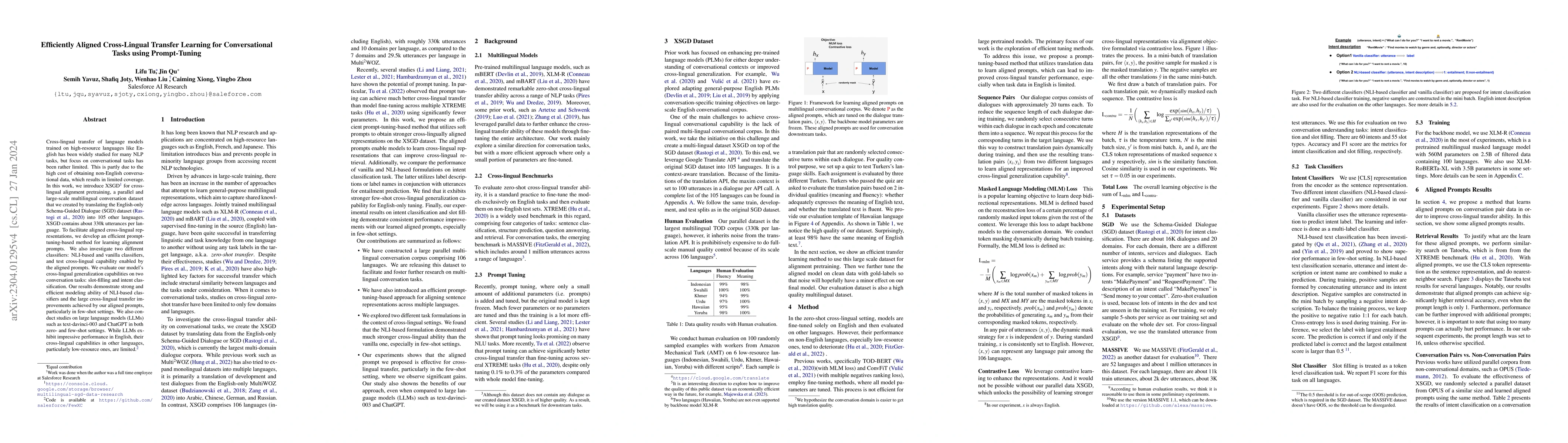 Thumbnail for Efficiently Aligned Cross-Lingual Transfer Learning for Conversational
  Tasks using Prompt-Tuning