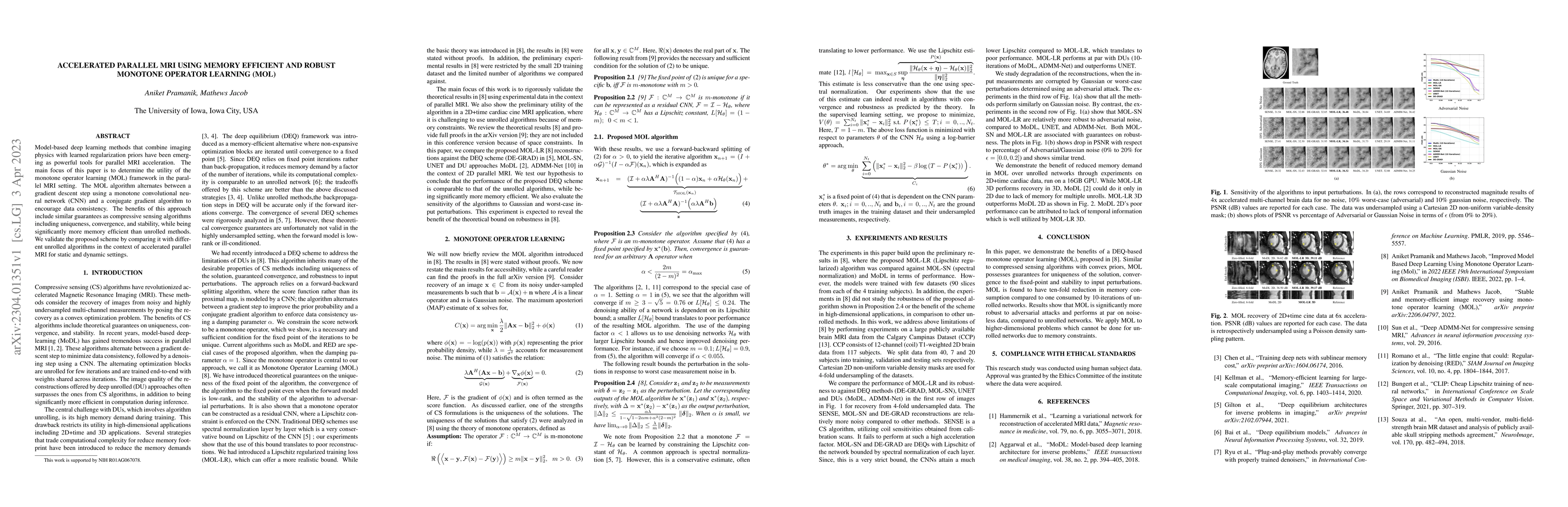 Thumbnail for Accelerated parallel MRI using memory efficient and robust monotone
  operator learning (MOL)