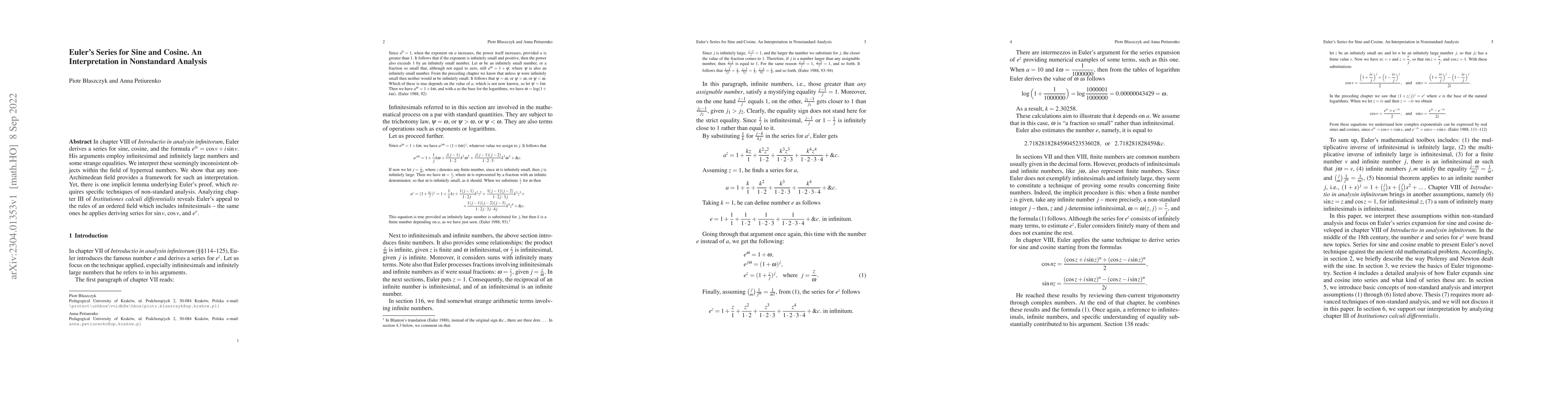Thumbnail for Euler's Series for Sine and Cosine. An Interpretation in Nonstandard
  Analysis