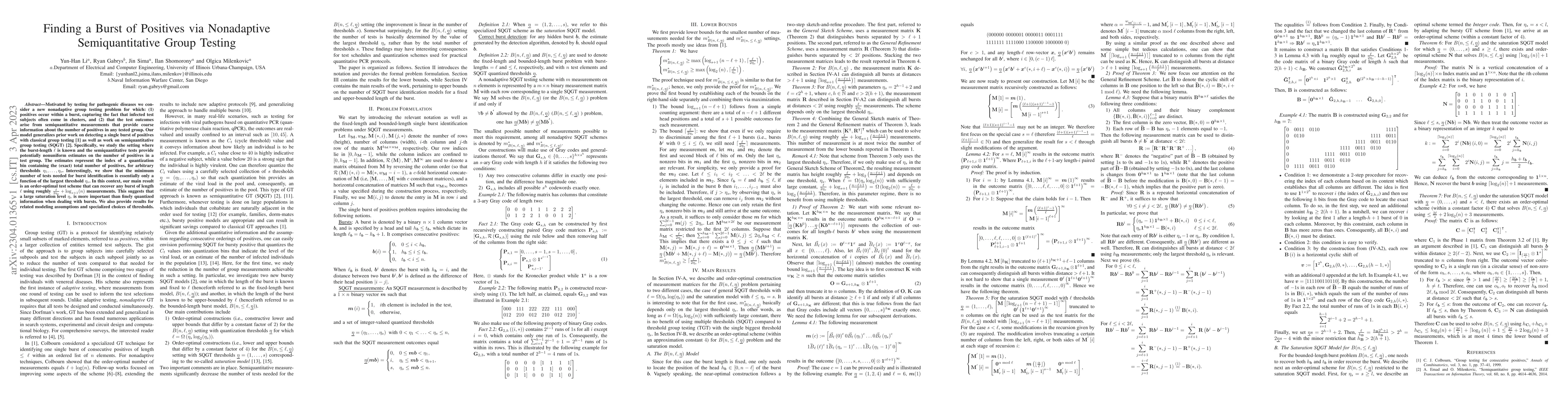 Thumbnail for Finding a Burst of Positives via Nonadaptive Semiquantitative Group
  Testing