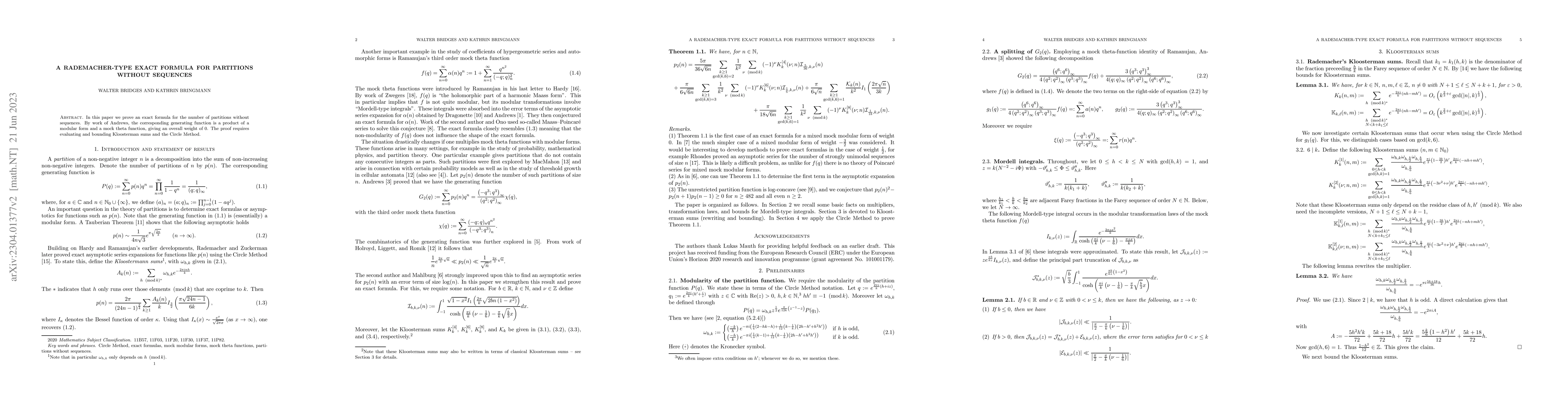 Thumbnail for A Rademacher-type exact formula for partitions without sequences