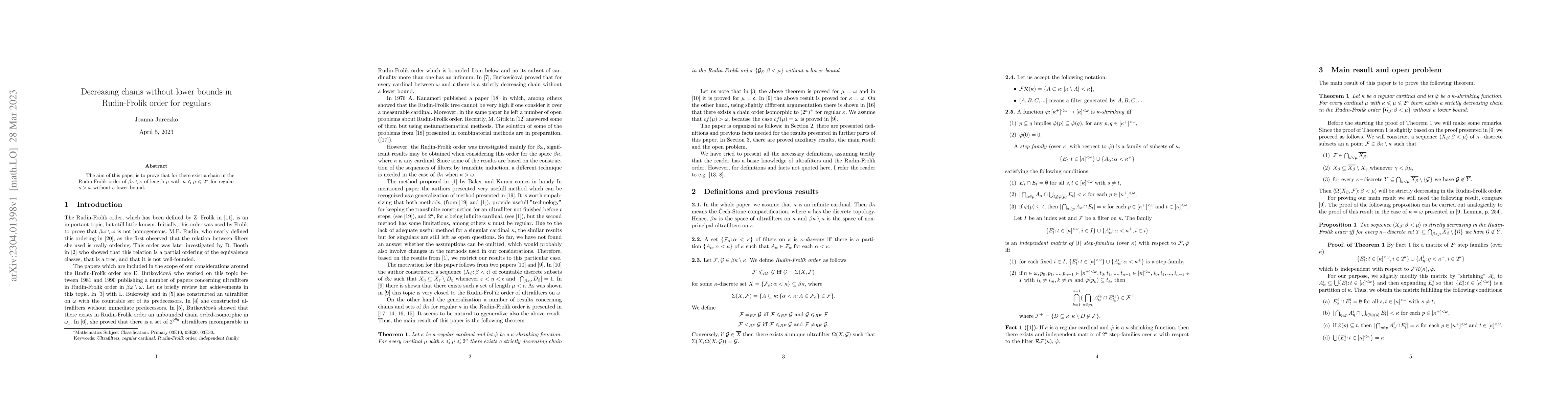 Thumbnail for Decreasing chains without lower bounds in Rudin-Frol\'ik order for
  regulars