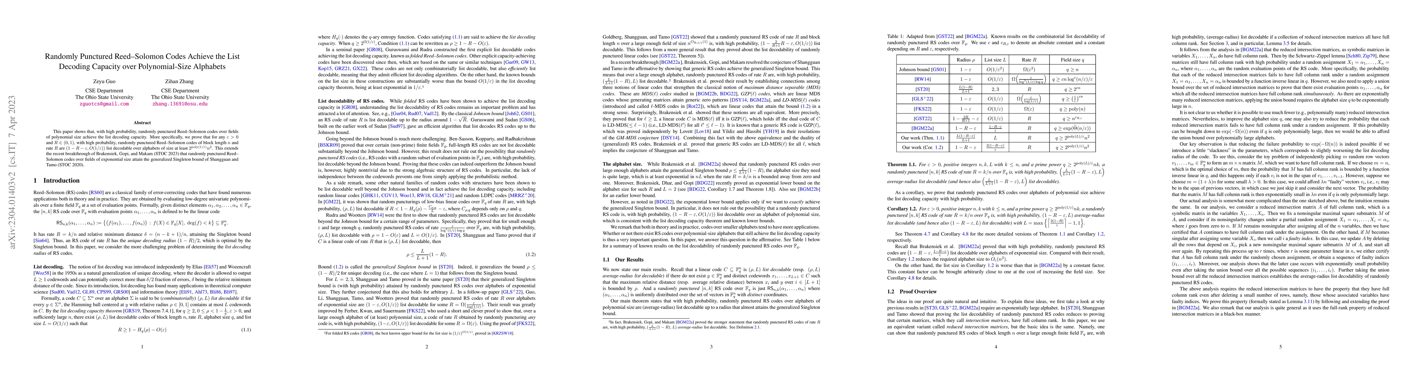 Thumbnail for Randomly Punctured Reed-Solomon Codes Achieve the List Decoding Capacity
  over Polynomial-Size Alphabets