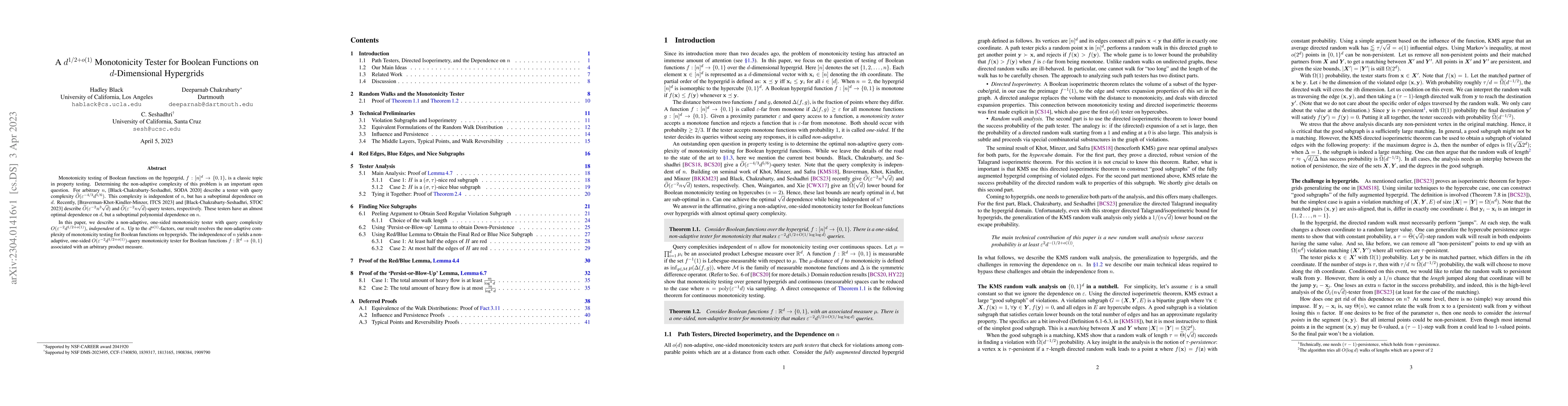Thumbnail for A $d^{1/2+o(1)}$ Monotonicity Tester for Boolean Functions on
  $d$-Dimensional Hypergrids