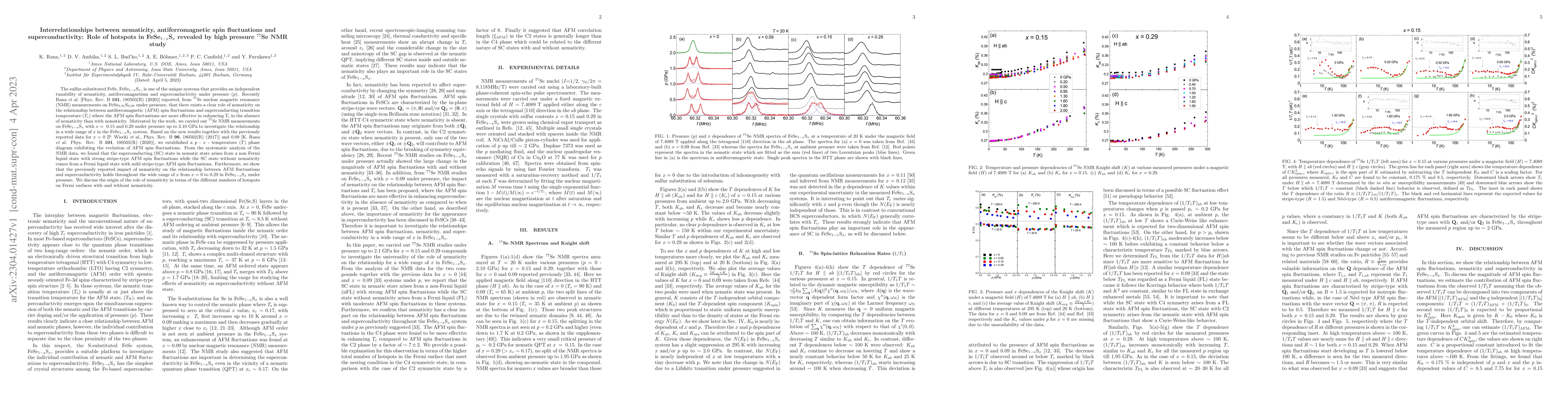 Thumbnail for Interrelationships between nematicity, antiferromagnetic spin
  fluctuations and superconductivity: Role of hotspots in FeSe$_{1-x}$S$_{x}$
  revealed by high pressure $^{77}$Se NMR study