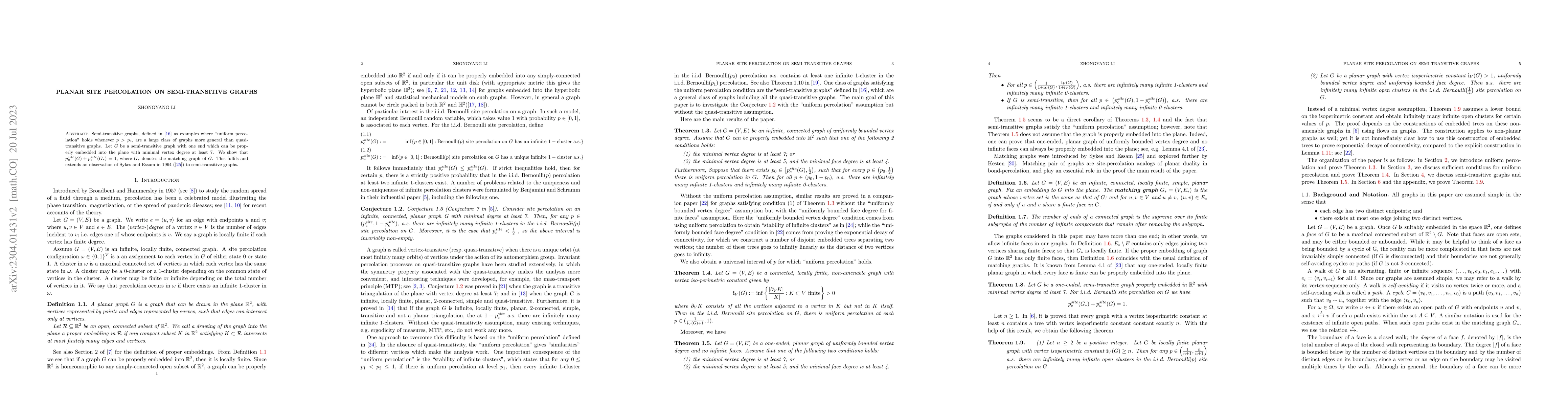 Thumbnail for Planar site percolation on semi-transitive graphs
