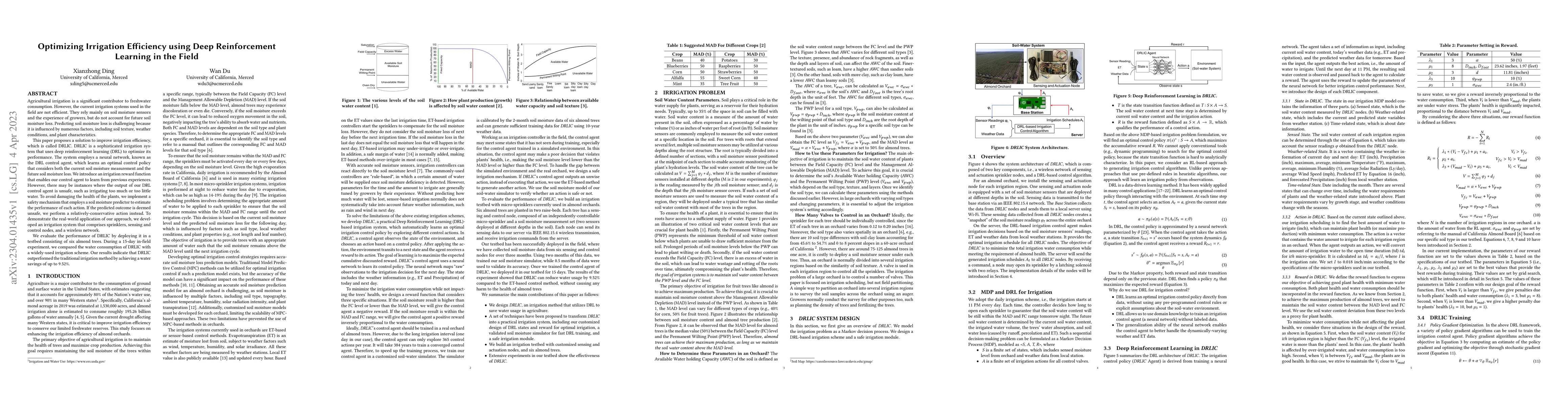Thumbnail for Optimizing Irrigation Efficiency using Deep Reinforcement Learning in
  the Field