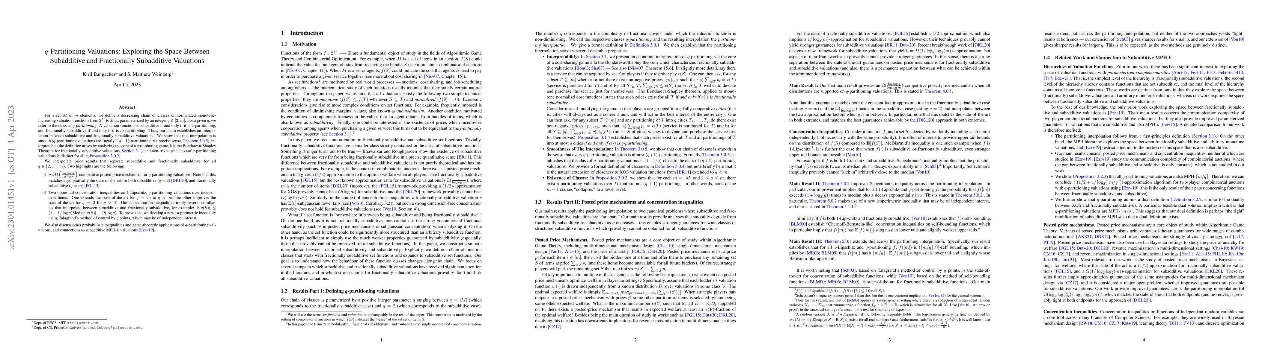 Thumbnail for q-Partitioning Valuations: Exploring the Space Between Subadditive and
  Fractionally Subadditive Valuations