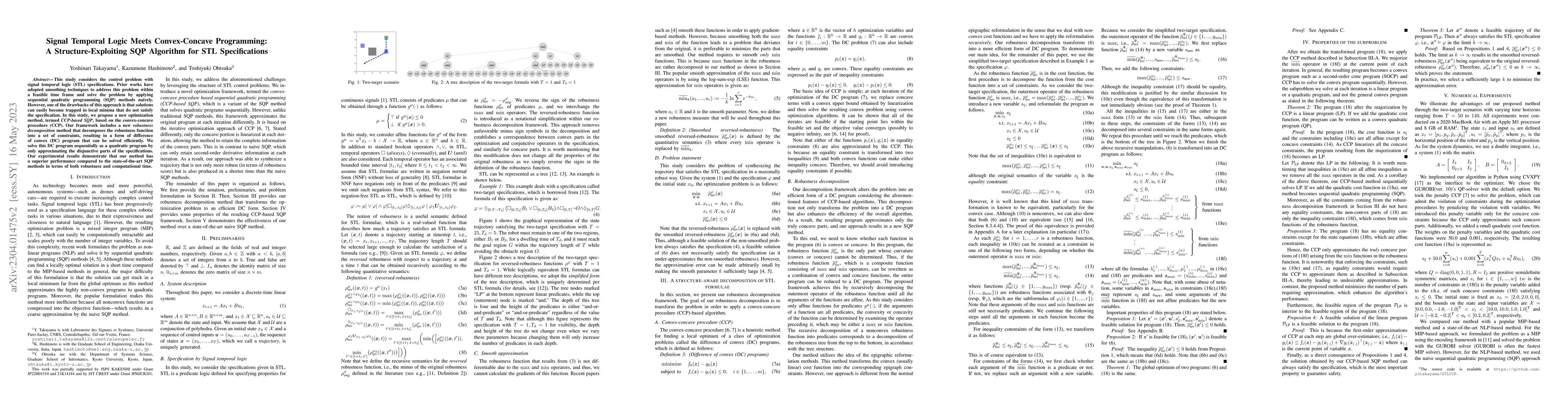 Thumbnail for Signal Temporal Logic Meets Convex-Concave Programming: A
  Structure-Exploiting SQP Algorithm for STL Specifications