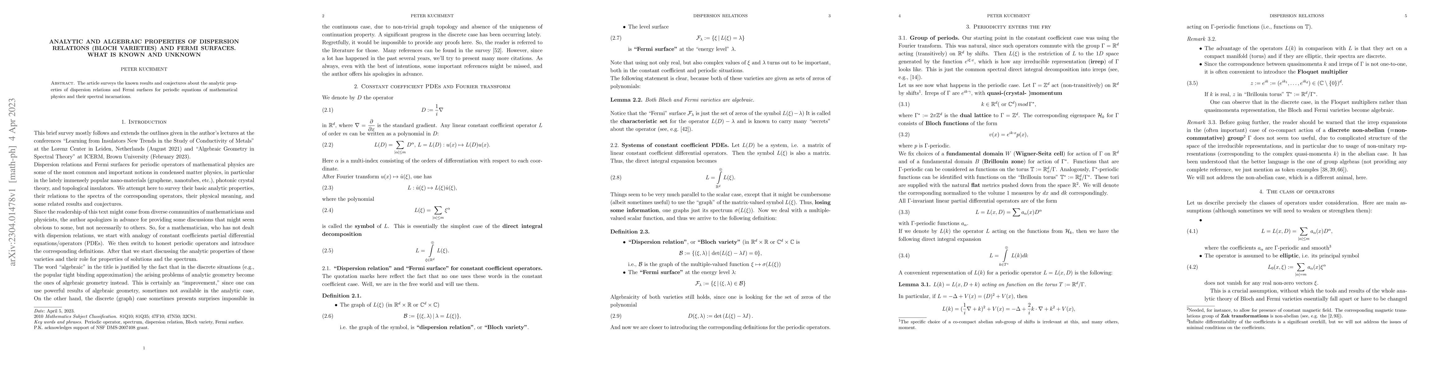 Thumbnail for Analytic and algebraic properties of dispersion relations (Bloch
  varieties) and Fermi surfaces. What is known and unknown
