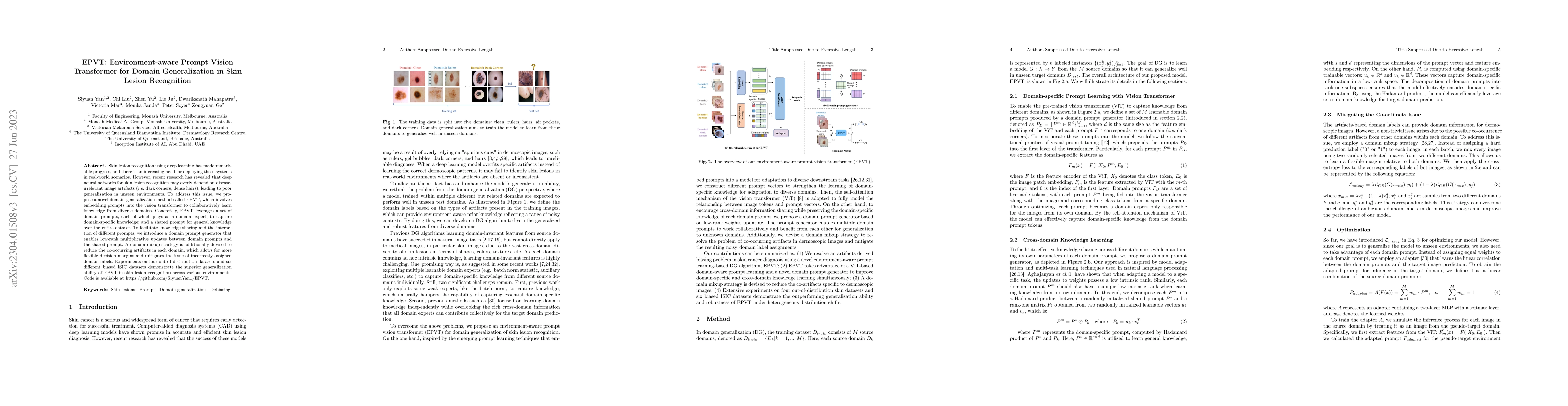 Thumbnail for EPVT: Environment-aware Prompt Vision Transformer for Domain
  Generalization in Skin Lesion Recognition