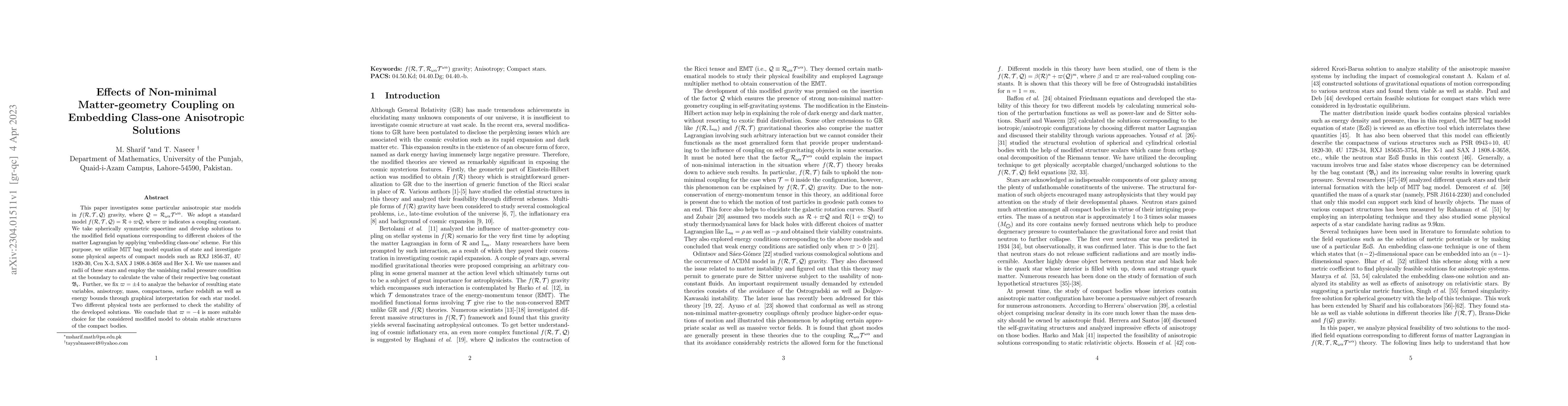 Thumbnail for Effects of Non-minimal Matter-geometry Coupling on Embedding Class-one
  Anisotropic Solutions