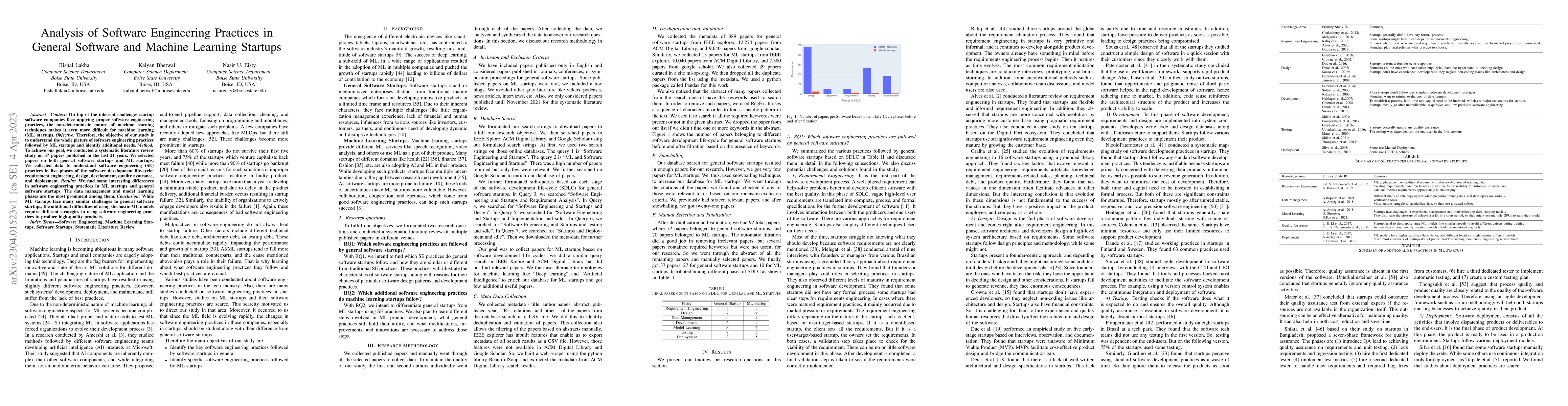 Thumbnail for Analysis of Software Engineering Practices in General Software and
  Machine Learning Startups