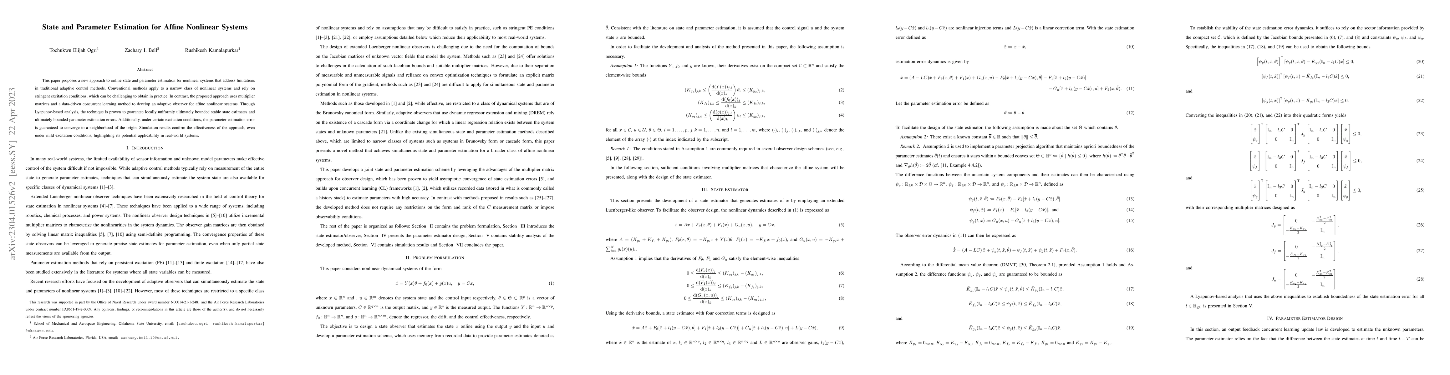 Thumbnail for State and Parameter Estimation for Affine Nonlinear Systems