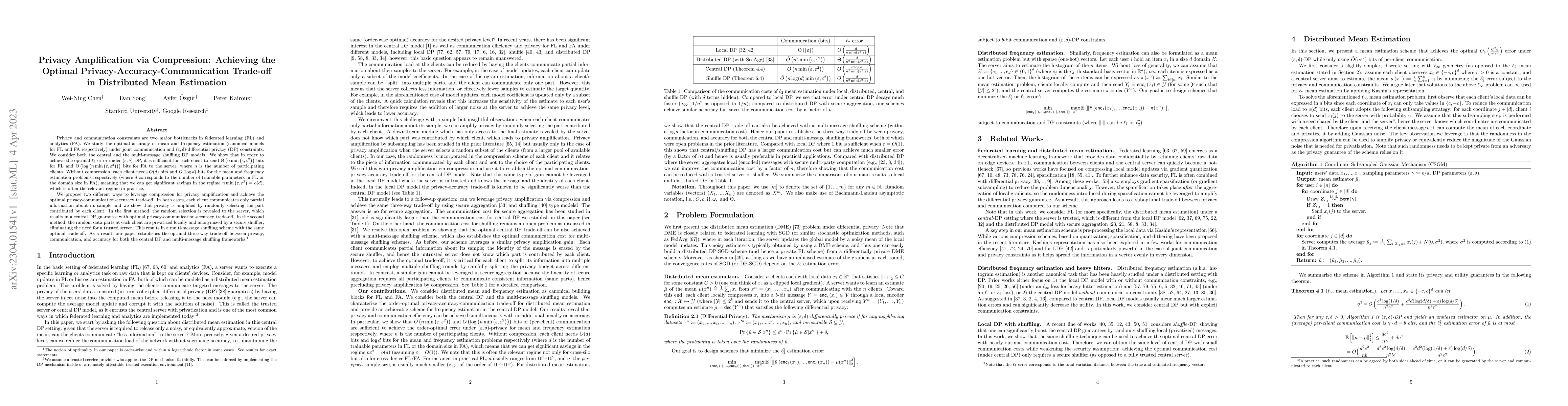 Thumbnail for Privacy Amplification via Compression: Achieving the Optimal
  Privacy-Accuracy-Communication Trade-off in Distributed Mean Estimation