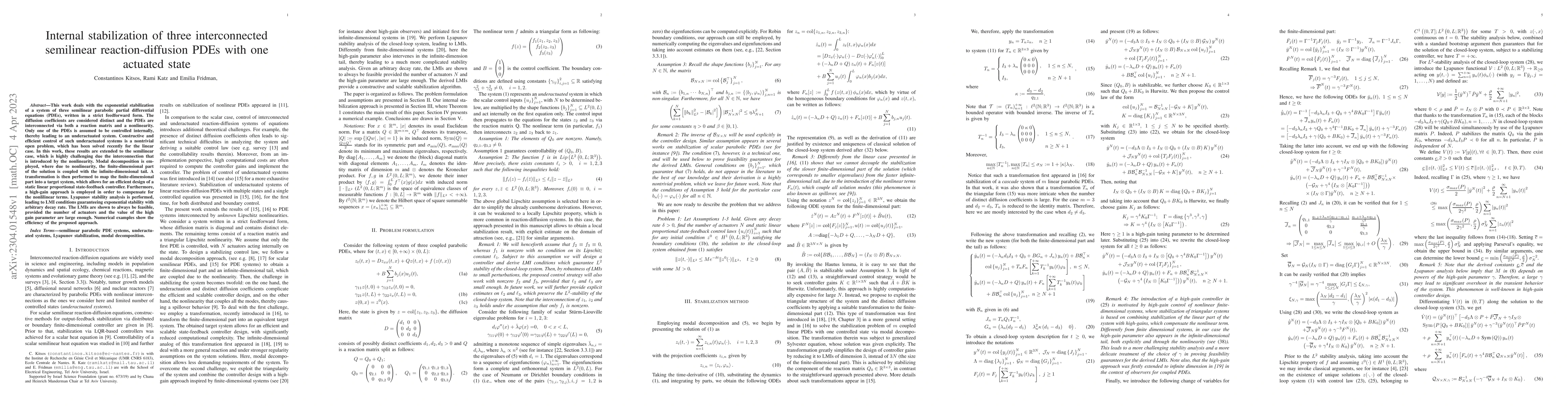 Thumbnail for Internal stabilization of three interconnected semilinear
  reaction-diffusion PDEs with one actuated state