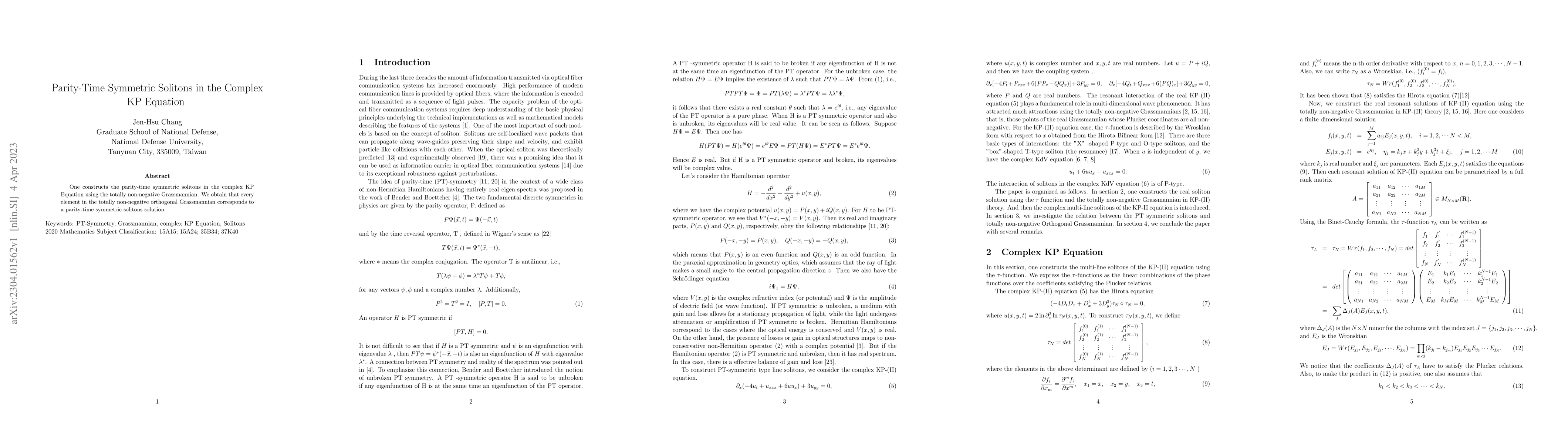 Thumbnail for Parity-Time Symmetric Solitons in the Complex KP Equation
