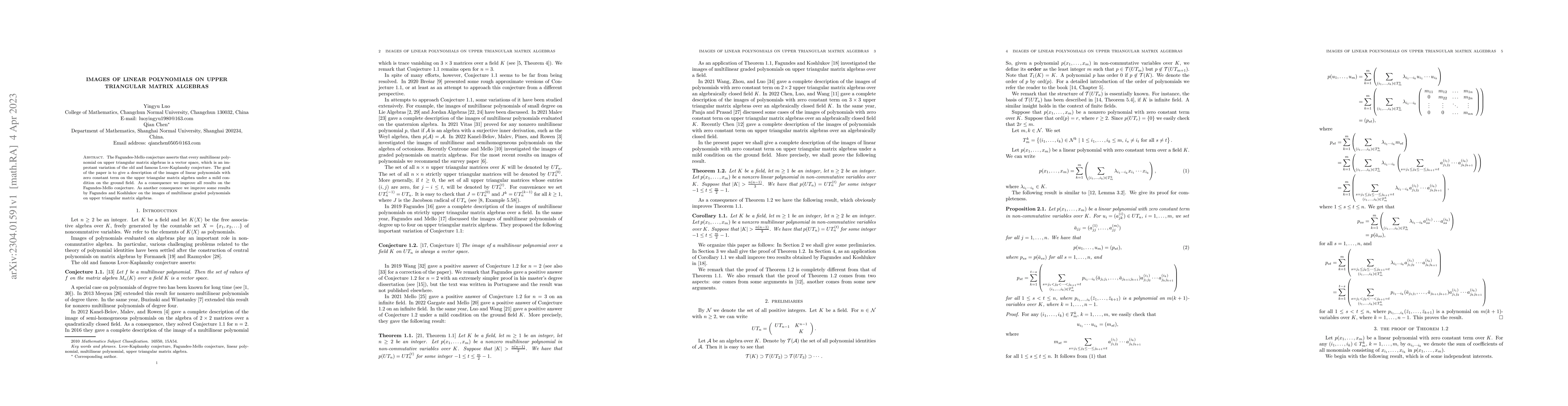 Thumbnail for Images of linear polynomials on upper triangular matrix algebras