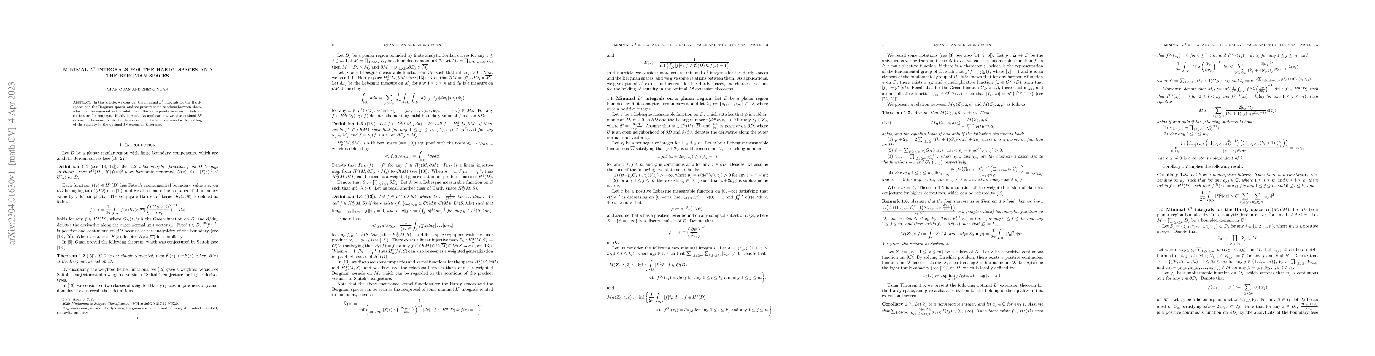 Thumbnail for Minimal $L^2$ integrals for the Hardy spaces and the Bergman spaces