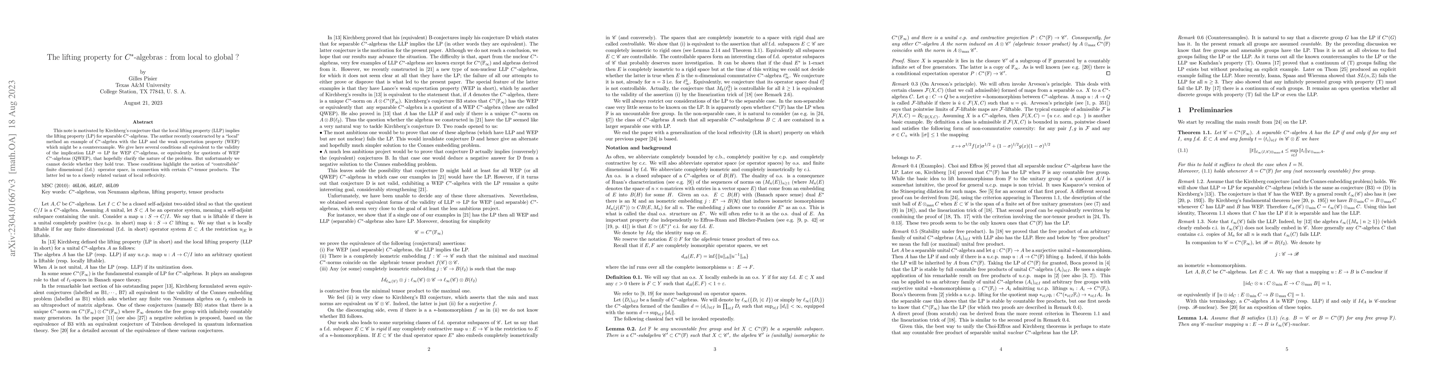 Thumbnail for The lifting property for $C^*$-algebras : from local to global ?