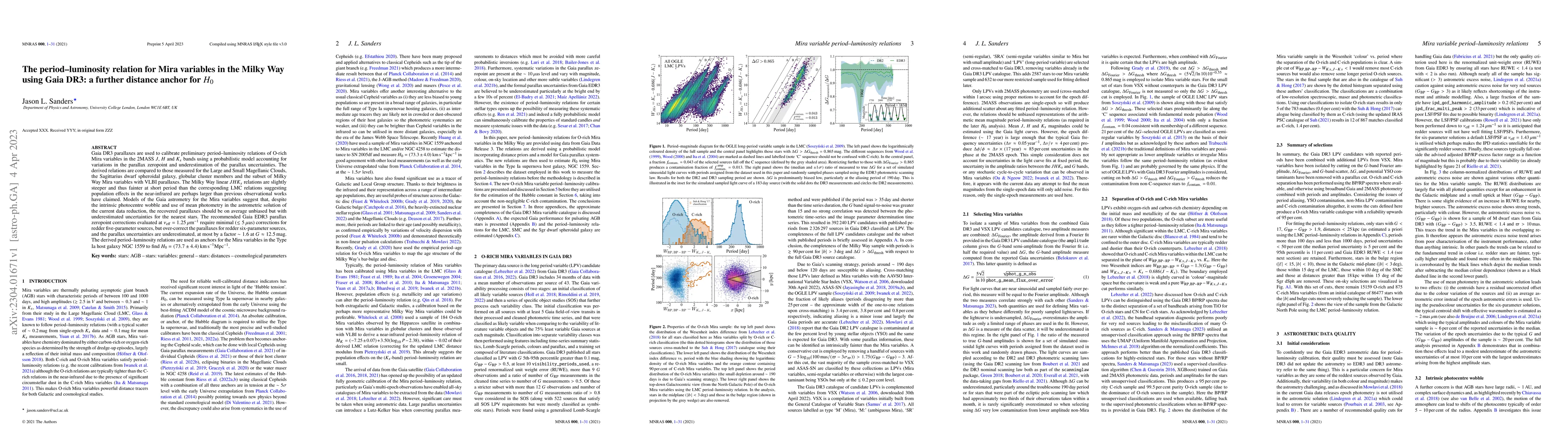Thumbnail for The period--luminosity relation for Mira variables in the Milky Way
  using Gaia DR3: a further distance anchor for $H_0$