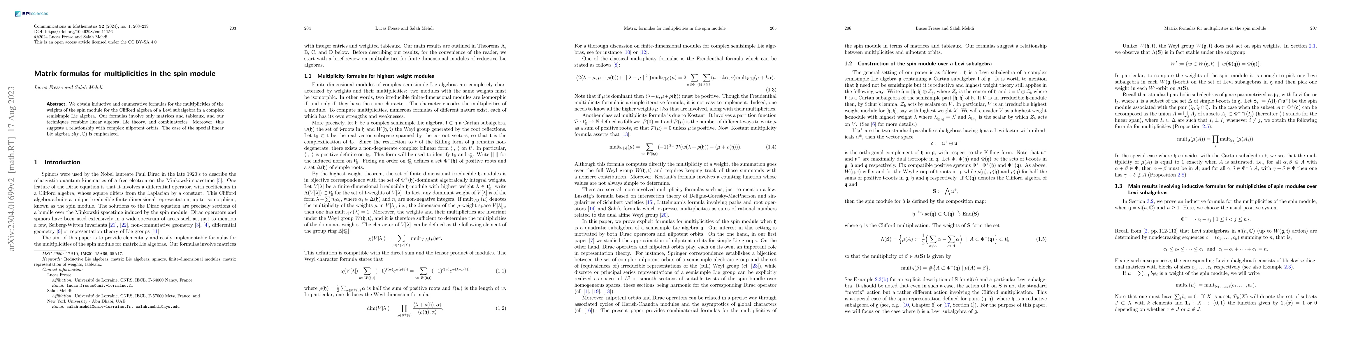 Thumbnail for Matrix formulas for multiplicities in the spin module