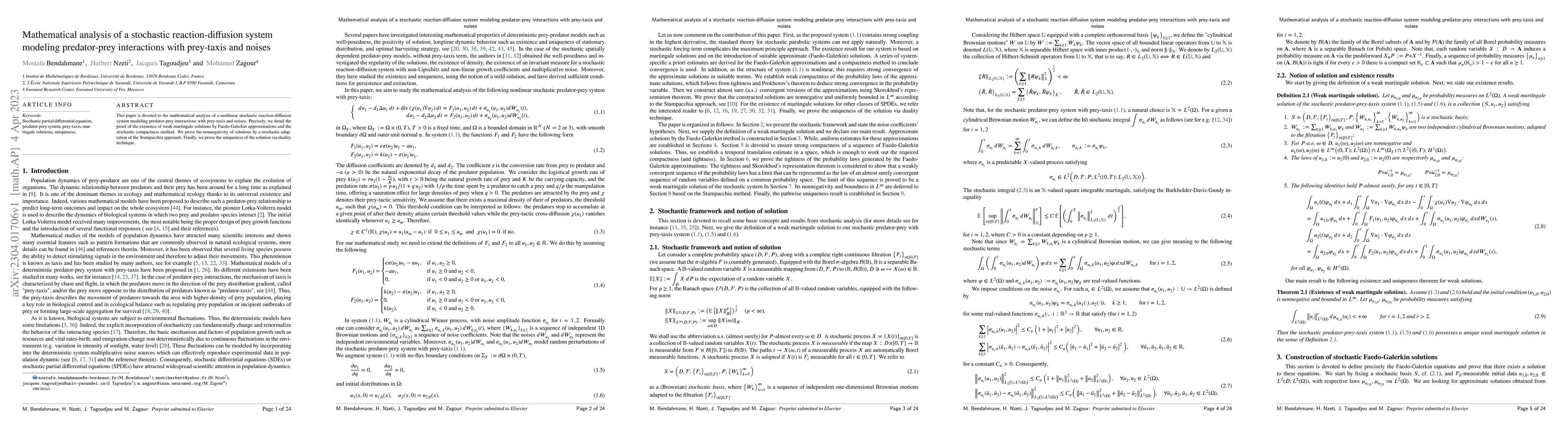 Thumbnail for Mathematical analysis of a stochastic reaction-diffusion system modeling
  predator-prey interactions with prey-taxis and noises