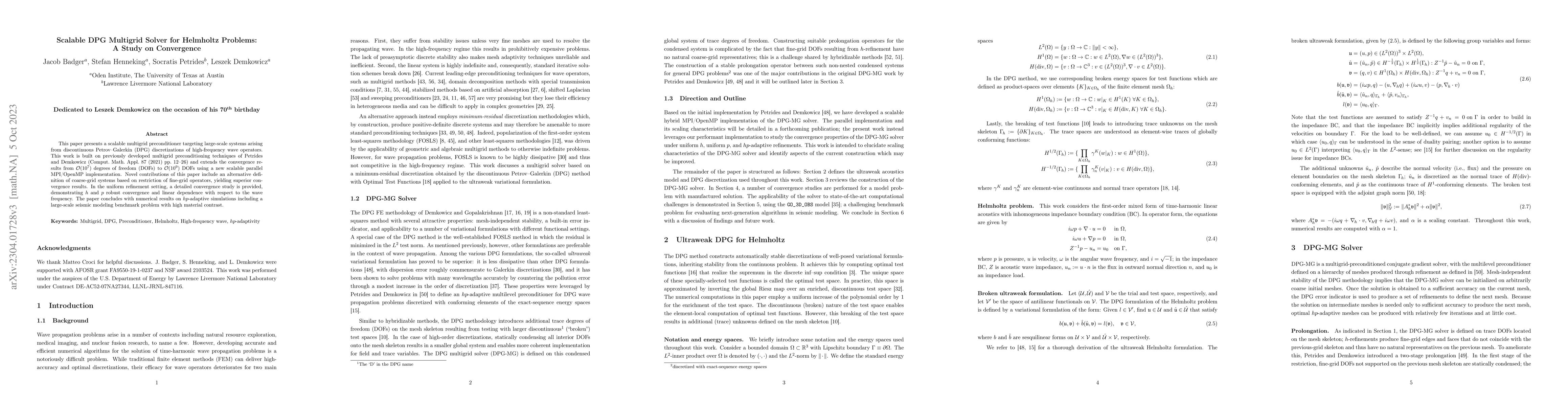Thumbnail for Scalable DPG Multigrid Solver for Helmholtz Problems: A Study on
  Convergence