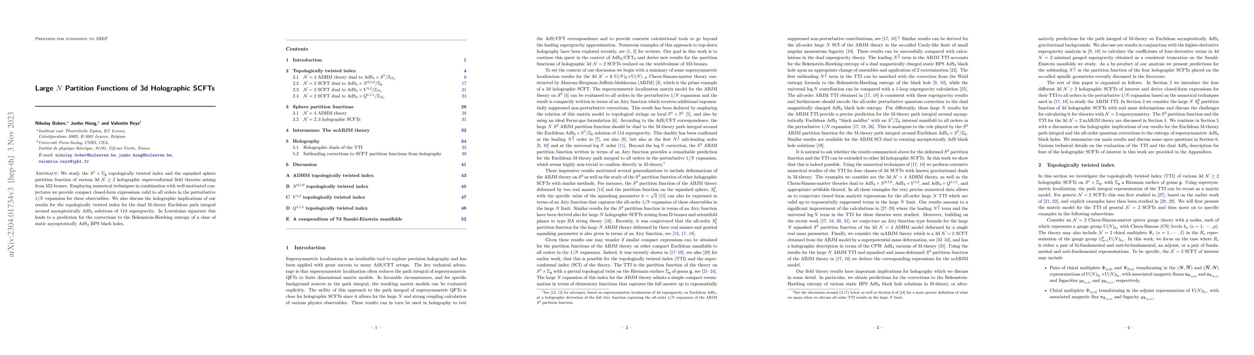 Thumbnail for Large $N$ Partition Functions of 3d Holographic SCFTs