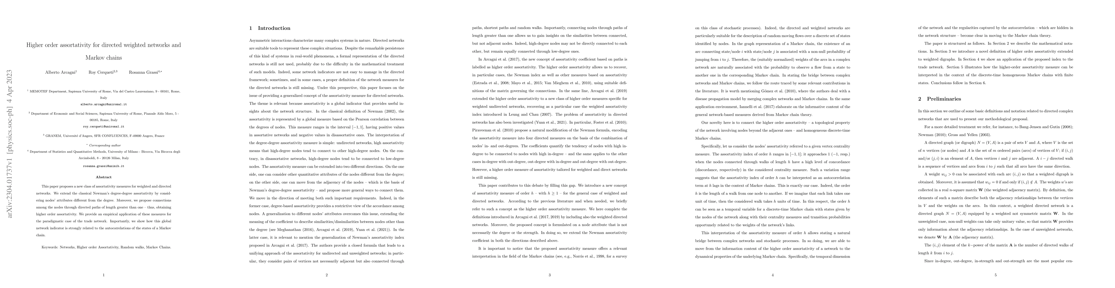 Thumbnail for Higher order assortativity for directed weighted networks and Markov
  chains