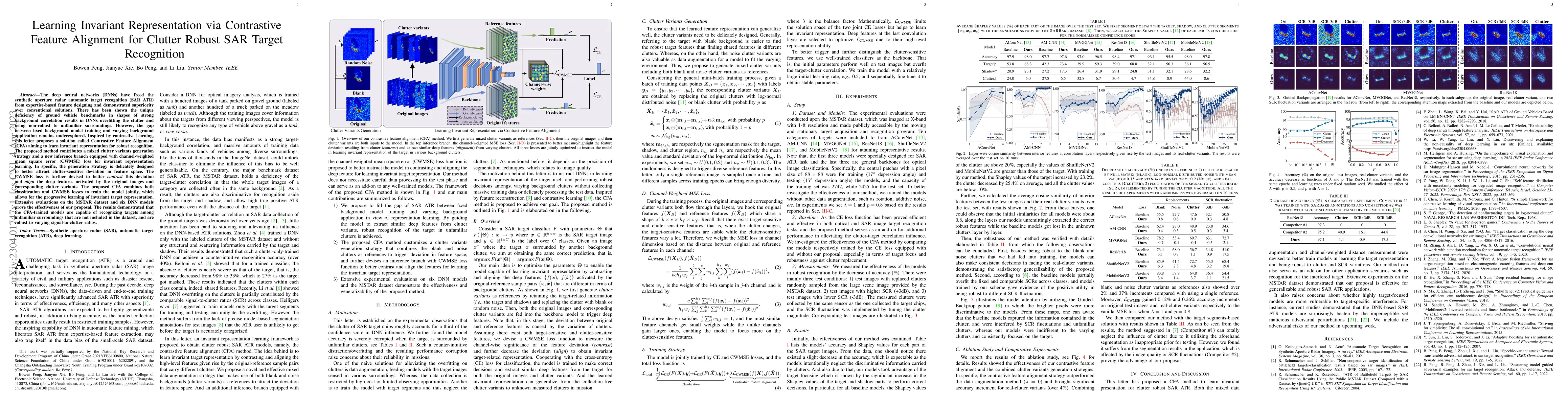 Thumbnail for Learning Invariant Representation via Contrastive Feature Alignment for
  Clutter Robust SAR Target Recognition