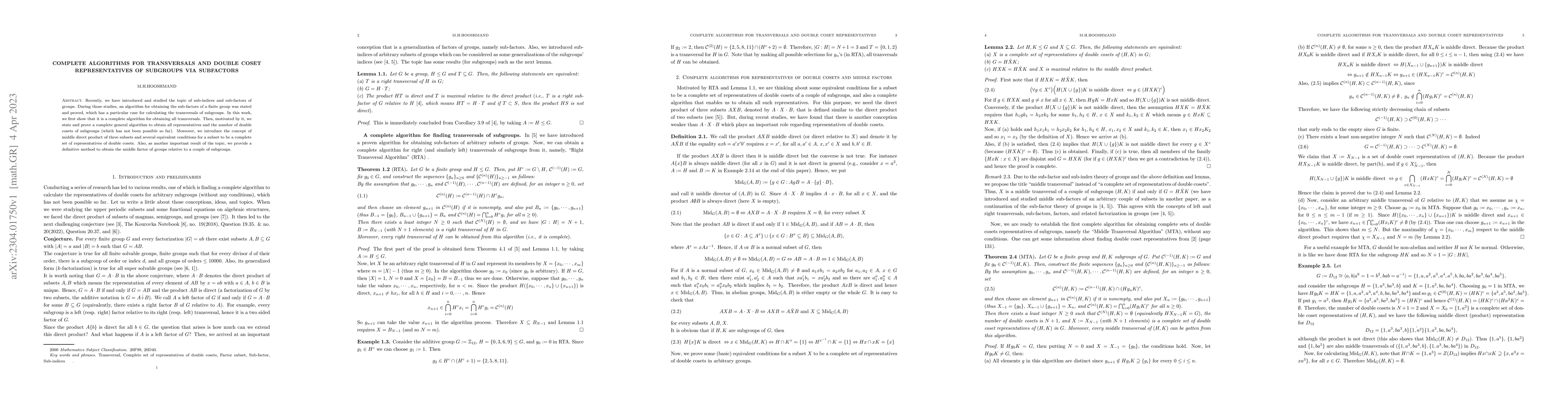 Thumbnail for Complete algorithms for transversals and double coset representatives of
  subgroups via subfactors