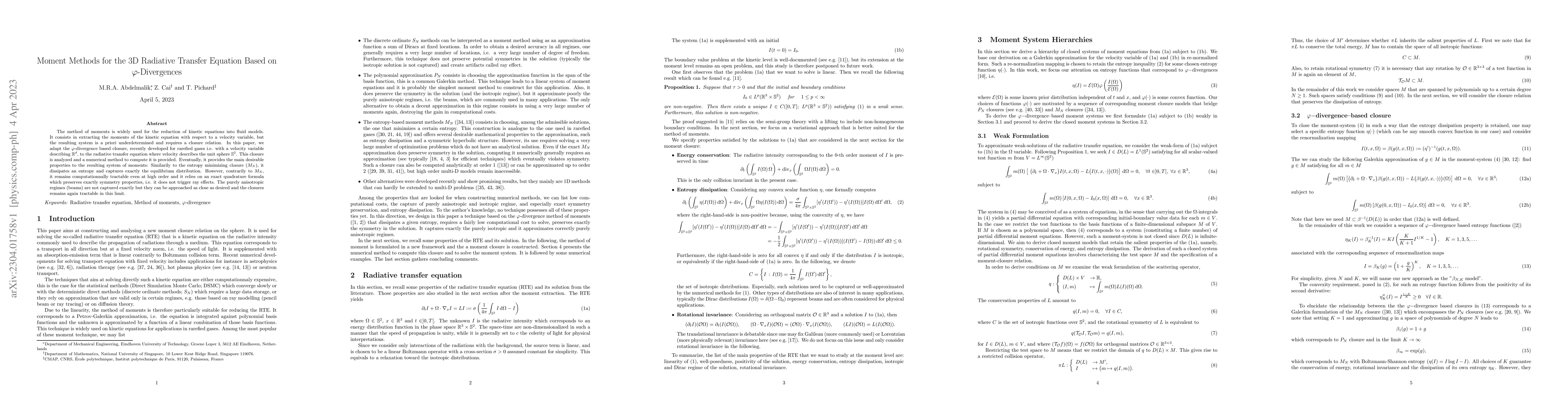 Thumbnail for Moment Methods for the 3D Radiative Transfer Equation Based on
  $\varphi$-Divergences