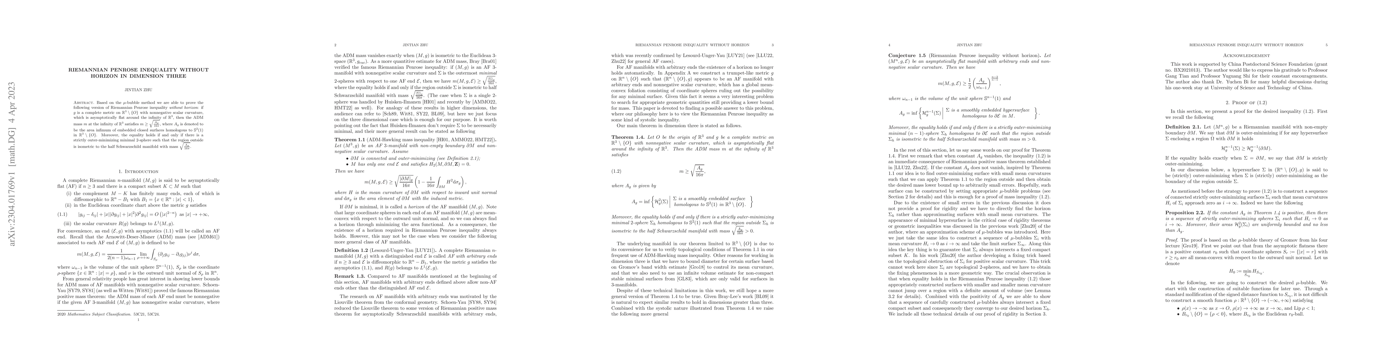 Thumbnail for Riemannian Penrose inequality without horizon in dimension three