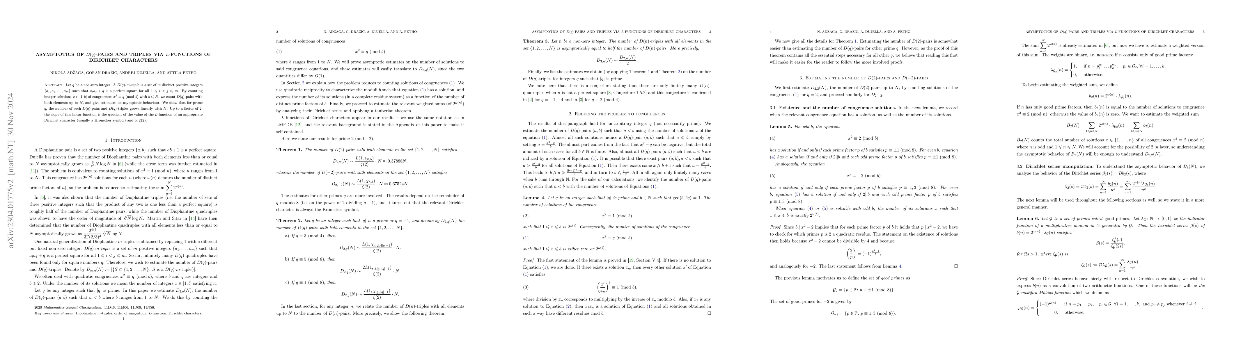 Thumbnail for Asymptotics of $D(q)$-pairs and triples via $L$-functions of Dirichlet
  charaters