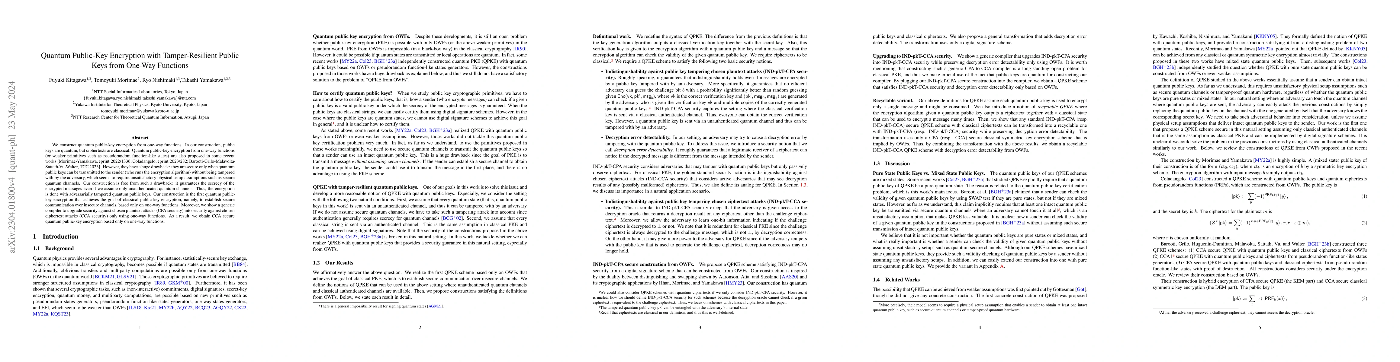 Thumbnail for Quantum Public-Key Encryption with Tamper-Resilient Public Keys from
  One-Way Functions