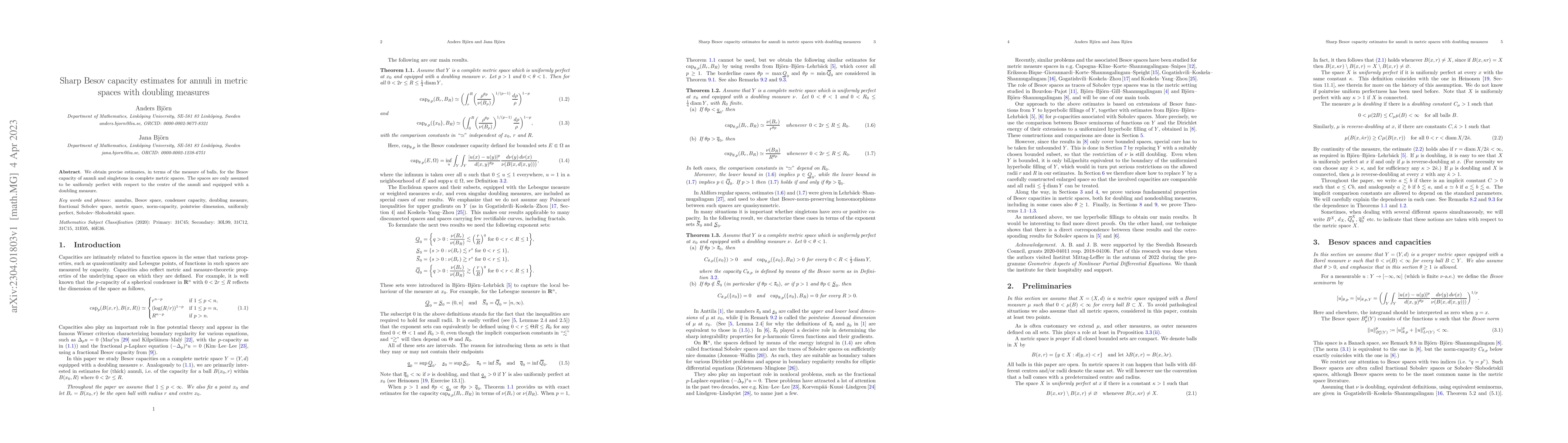 Thumbnail for Sharp Besov capacity estimates for annuli in metric spaces with doubling
  measures