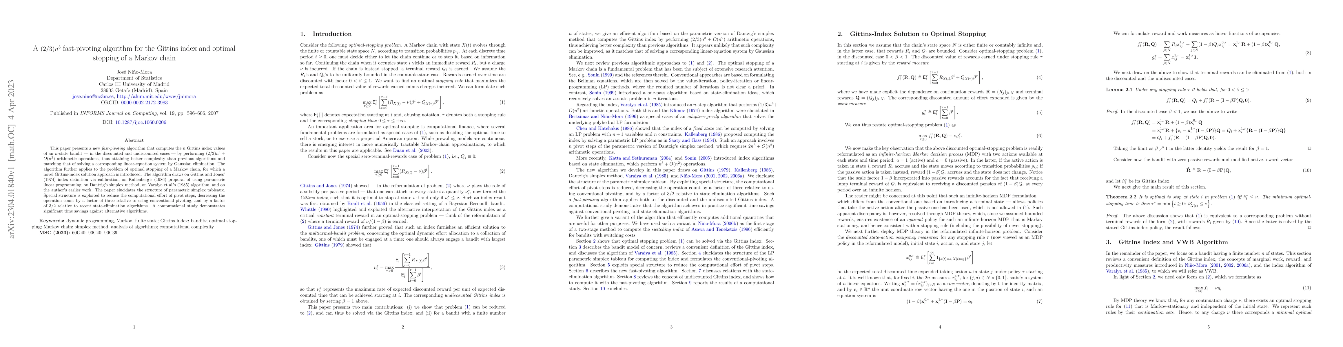 Thumbnail for A $(2/3)n^3$ fast-pivoting algorithm for the Gittins index and optimal
  stopping of a Markov chain