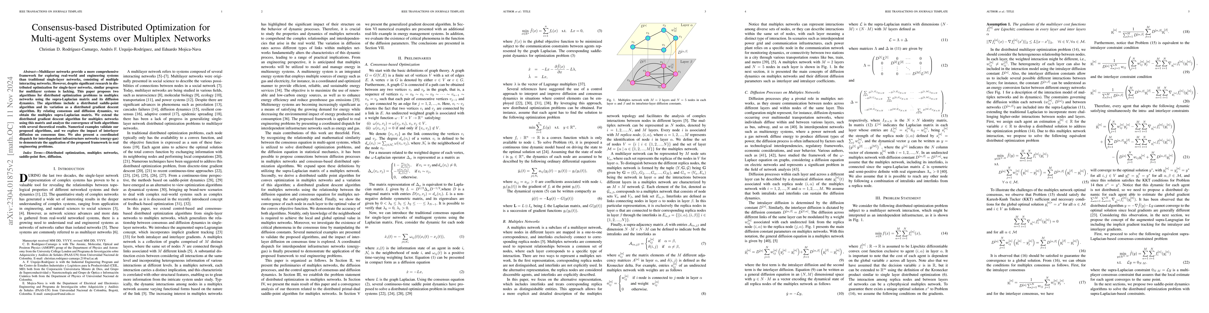 Thumbnail for Consensus-based Distributed Optimization for Multi-agent Systems over
  Multiplex Networks